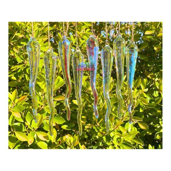 Set of 8 Handmade 6" Iridized Clear Glass Icicle Ornaments - Picture 9 of 10